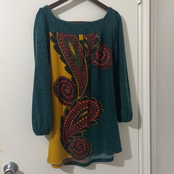 Aryeh Teal and Yellow Long Sleeve Dress Size M - Picture 2 of 5